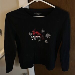 Croft & Barrow PS Black Top with Red Bird and Snowflakes